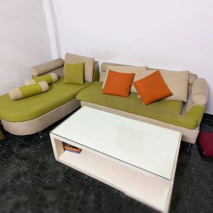 Bộ Sofa Góc L Bọc Nỉ Màu Xanh Kèm Bàn Cũ