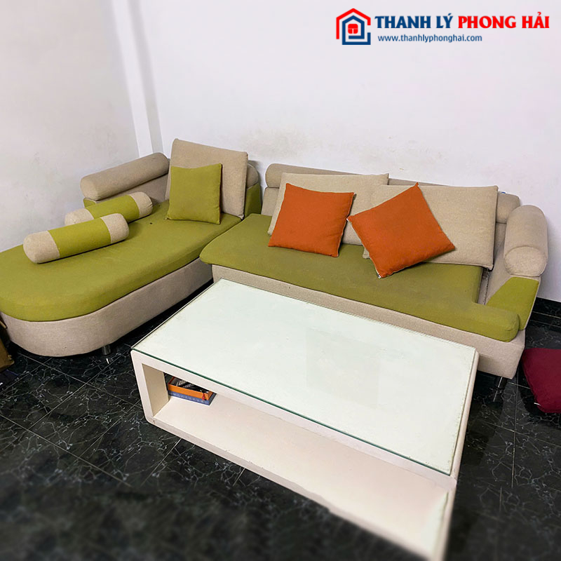 Bộ Sofa Góc L Bọc Nỉ Màu Xanh Kèm Bàn Cũ