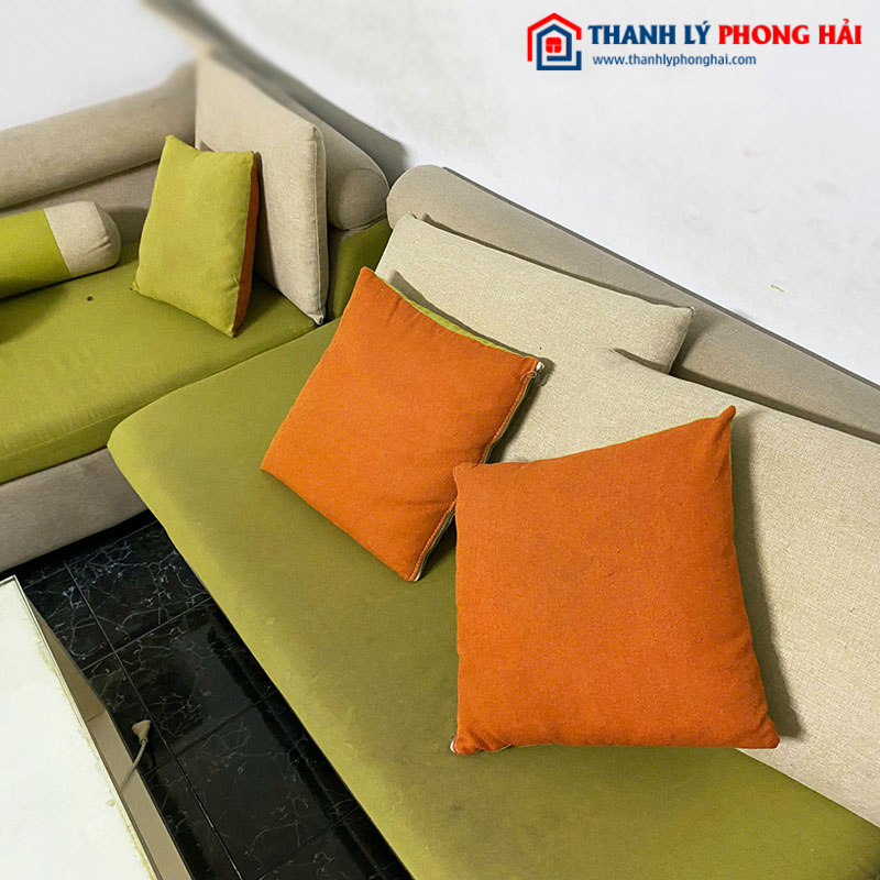 Bộ Sofa Góc L Bọc Nỉ Màu Xanh Kèm Bàn Cũ
