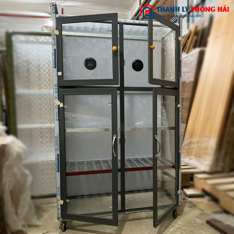 Tủ Chén Nhôm Kính Mới 99% Ngang 80cm Có Bánh Xe