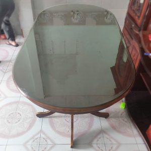 Bàn Ăn Oval Gỗ Tự Nhiên Mặt Kính Cũ