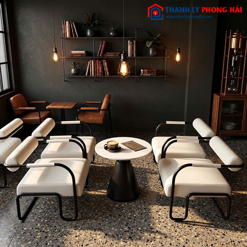 Bàn Ghế Cafe Bọc Da Kèm Bàn Chân Chuông Mới 99%