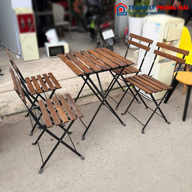 Bàn Ghế Cafe Khung Sắt Nan Gỗ Gấp Gọn Cũ