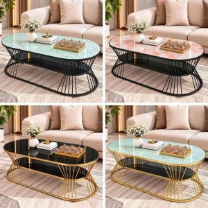 Bàn Sofa Oval Eo 2 Tầng 1m Mặt Kính Vân Đá Mới 99% (Nhiều Màu)