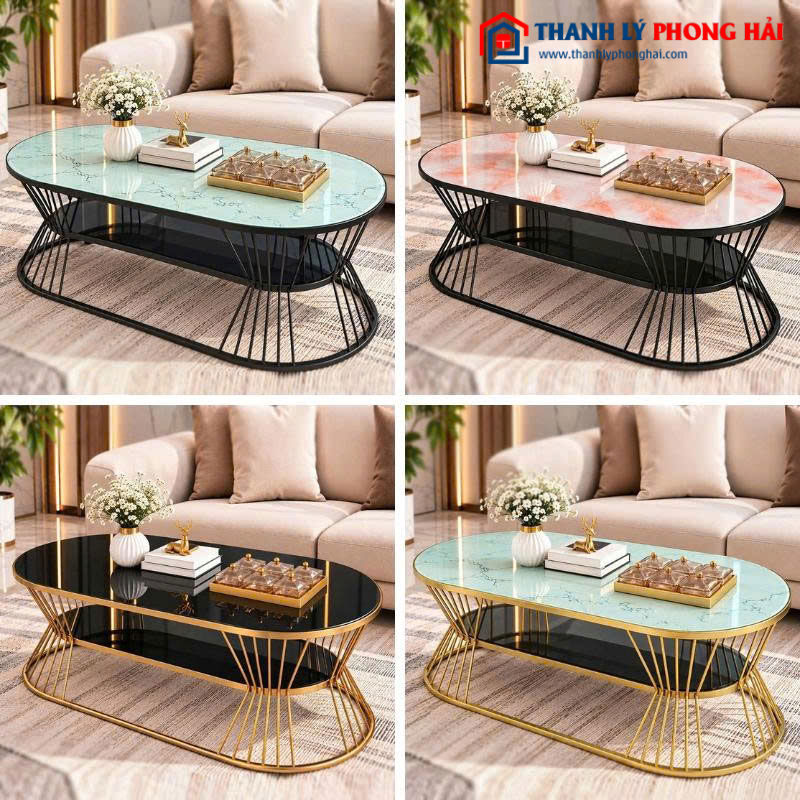 Bàn Sofa Oval Eo 2 Tầng 1m Mặt Kính Vân Đá Mới 99% (Nhiều Màu)