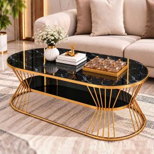 Bàn Sofa Oval Eo 2 Tầng 1m Mặt Kính Vân Đá Mới 99% (Nhiều Màu)