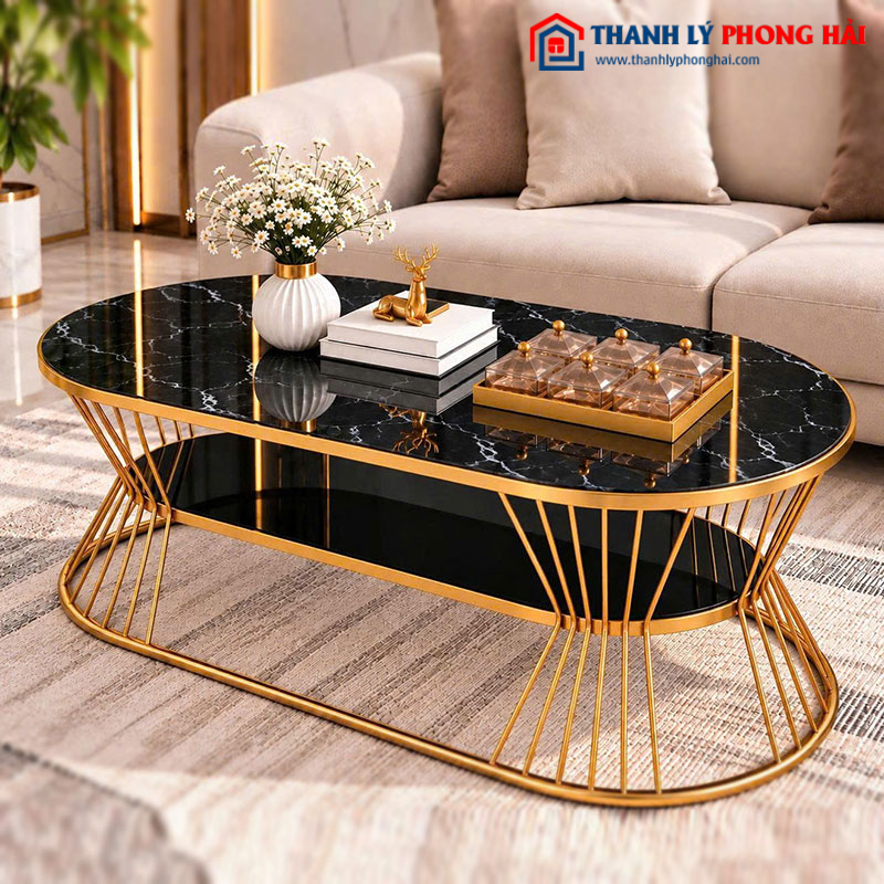 Bàn Sofa Oval Eo 2 Tầng 1m Mặt Kính Vân Đá Mới 99% (Nhiều Màu)