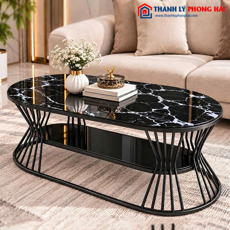 Bàn Sofa Oval Eo 2 Tầng 1m Mặt Kính Vân Đá Mới 99% (Nhiều Màu)