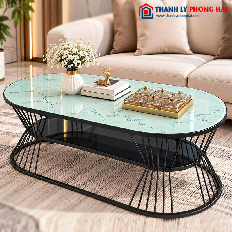 Bàn Sofa Oval Eo 2 Tầng 1m Mặt Kính Vân Đá Mới 99% (Nhiều Màu)