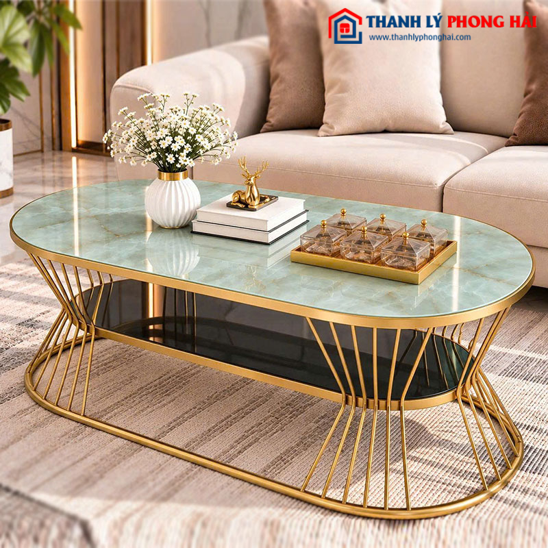 Bàn Sofa Oval Eo 2 Tầng 1m Mặt Kính Vân Đá Mới 99% (Nhiều Màu)