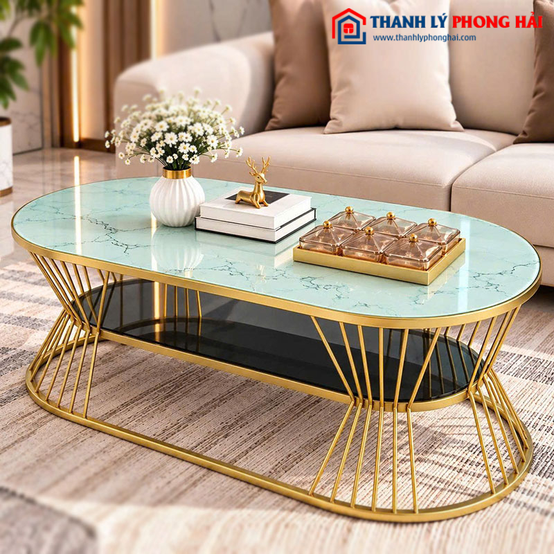 Bàn Sofa Oval Eo 2 Tầng 1m Mặt Kính Vân Đá Mới 99% (Nhiều Màu)