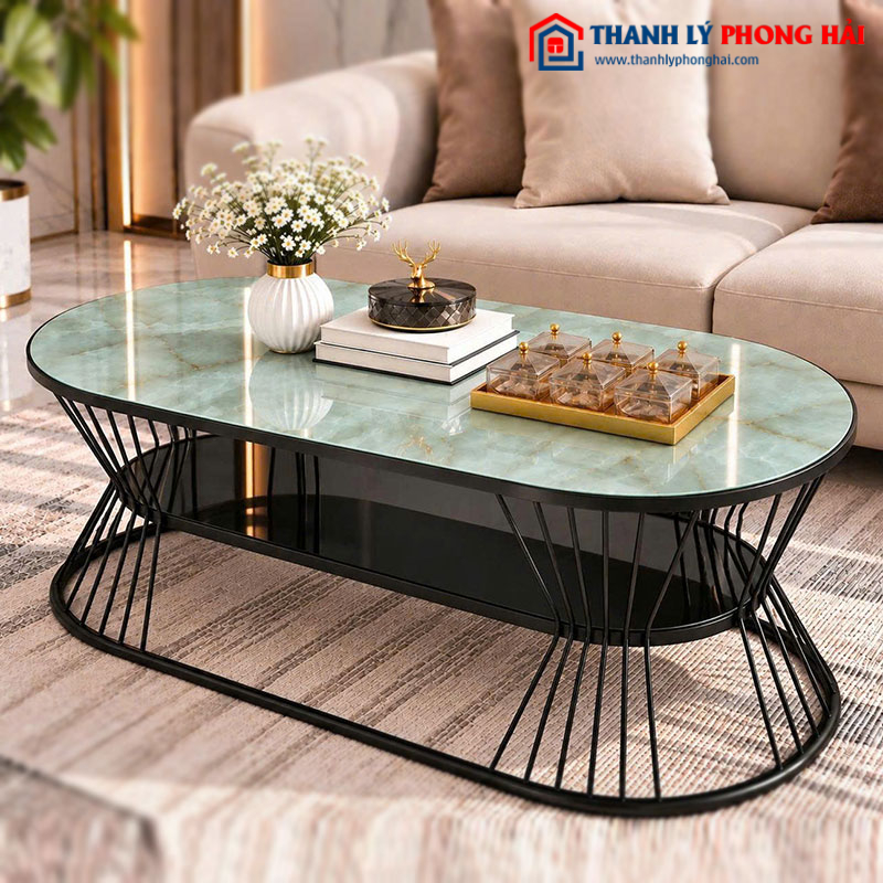 Bàn Sofa Oval Eo 2 Tầng 1m Mặt Kính Vân Đá Mới 99% (Nhiều Màu)