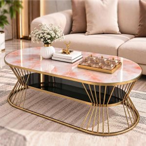 Bàn Sofa Oval Eo 2 Tầng 1m Mặt Kính Vân Đá Mới 99% (Nhiều Màu)