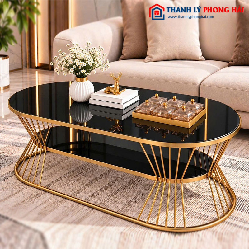 Bàn Sofa Oval Eo 2 Tầng 1m Mặt Kính Vân Đá Mới 99% (Nhiều Màu)