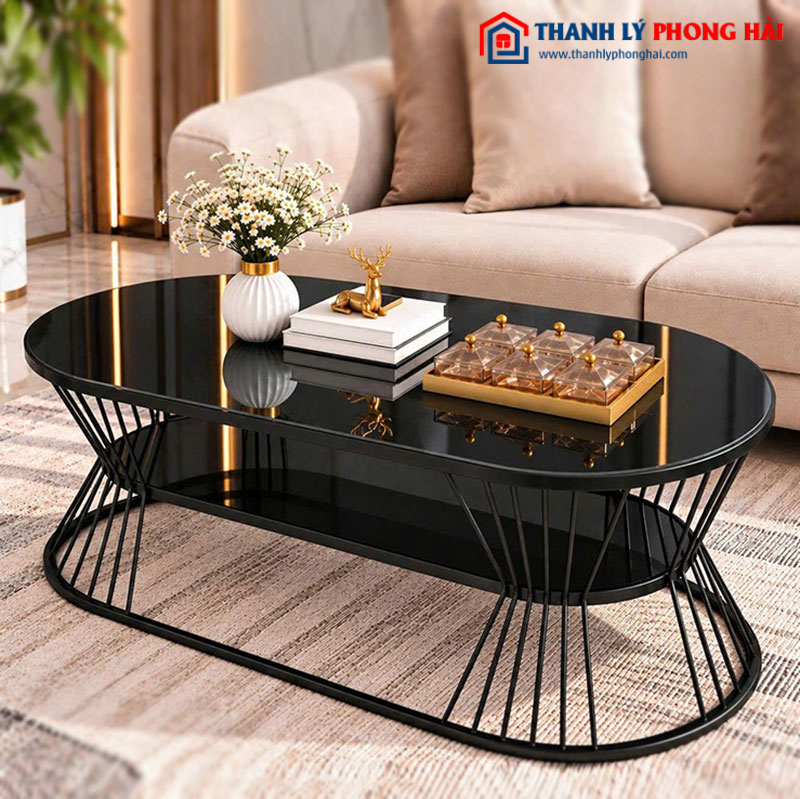 Bàn Sofa Oval Eo 2 Tầng 1m Mặt Kính Vân Đá Mới 99% (Nhiều Màu)