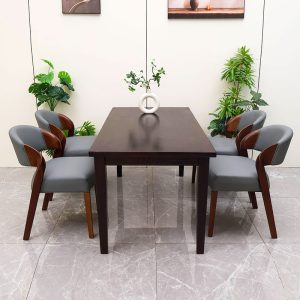 Bộ Bàn Ăn Gỗ Tự Nhiên Bọc Da Lưng Tựa Cong Mới 99%