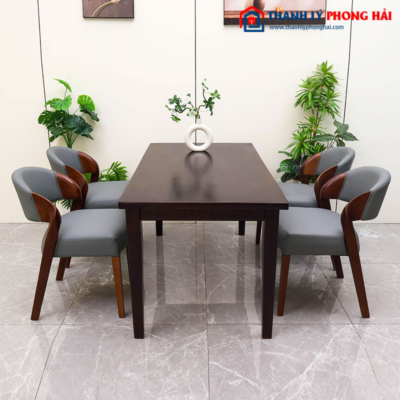 Bộ Bàn Ăn Gỗ Tự Nhiên Bọc Da Lưng Tựa Cong Mới 99%