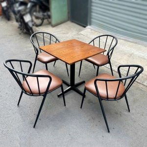 Bộ Bàn Ghế Cafe 6 Song Nệm Nâu Bàn Vuông Mới 99%