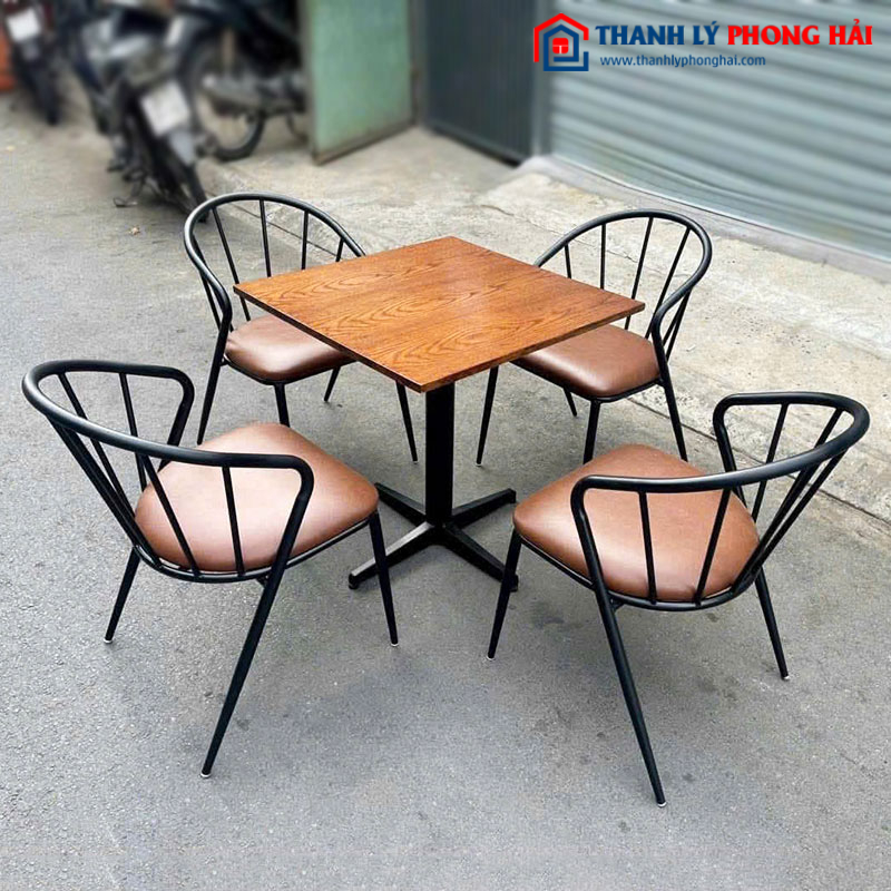 Bộ Bàn Ghế Cafe 6 Song Nệm Nâu Bàn Vuông Mới 99%