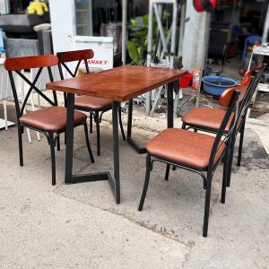 Bộ Bàn Mặt Gỗ Chân Sắt Ghế Lưng Chữ X Mới 99%