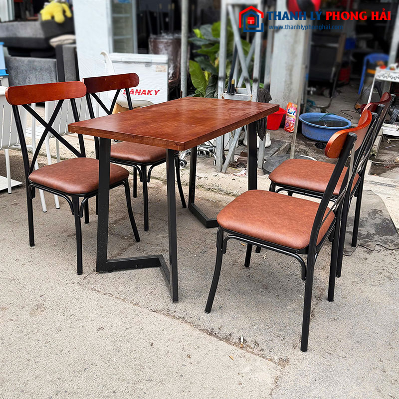 Bộ Bàn Mặt Gỗ Chân Sắt Ghế Lưng Chữ X Mới 99%