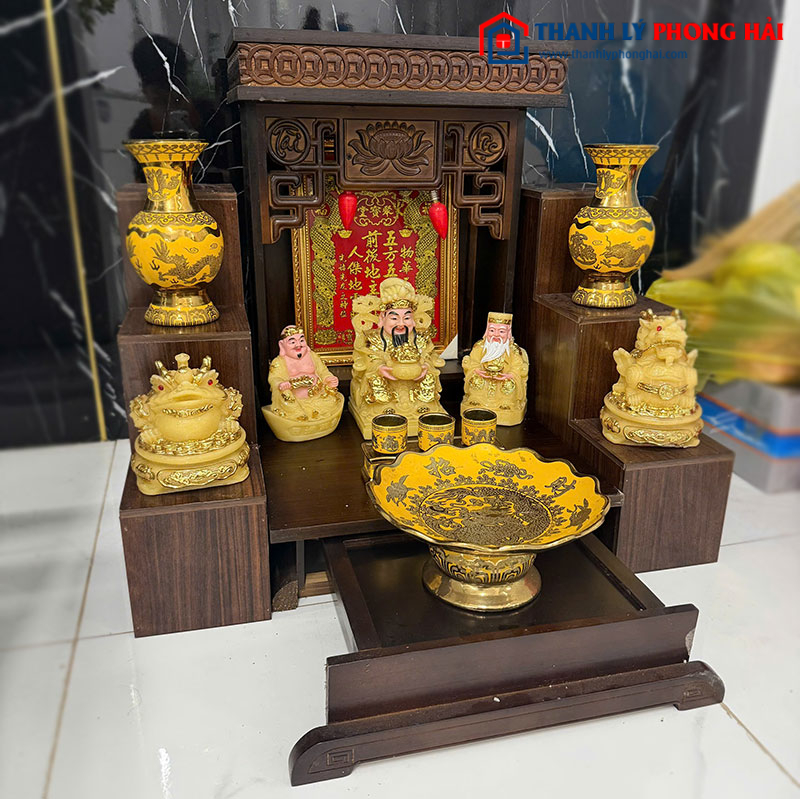 Bộ Bàn Thờ Thần Tài Ông Địa Tam Cấp Cũ (Kèm Phụ Kiện)