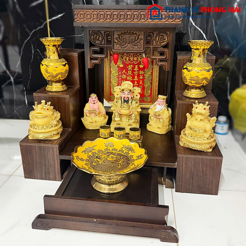 Bộ Bàn Thờ Thần Tài Ông Địa Tam Cấp Cũ (Kèm Phụ Kiện)