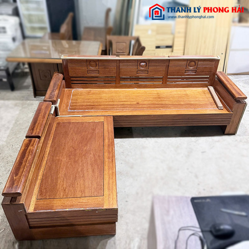 Bộ Salon Gỗ Tự Nhiên Góc L Tay Trứng Cũ