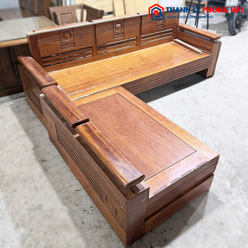 Bộ Salon Gỗ Tự Nhiên Góc L Tay Trứng Cũ