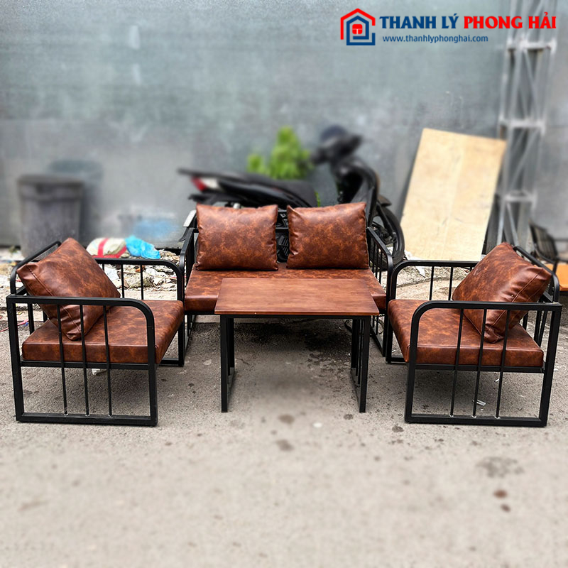 Bộ Sofa Cafe Đệm Da Khung Sắt Mới 99%