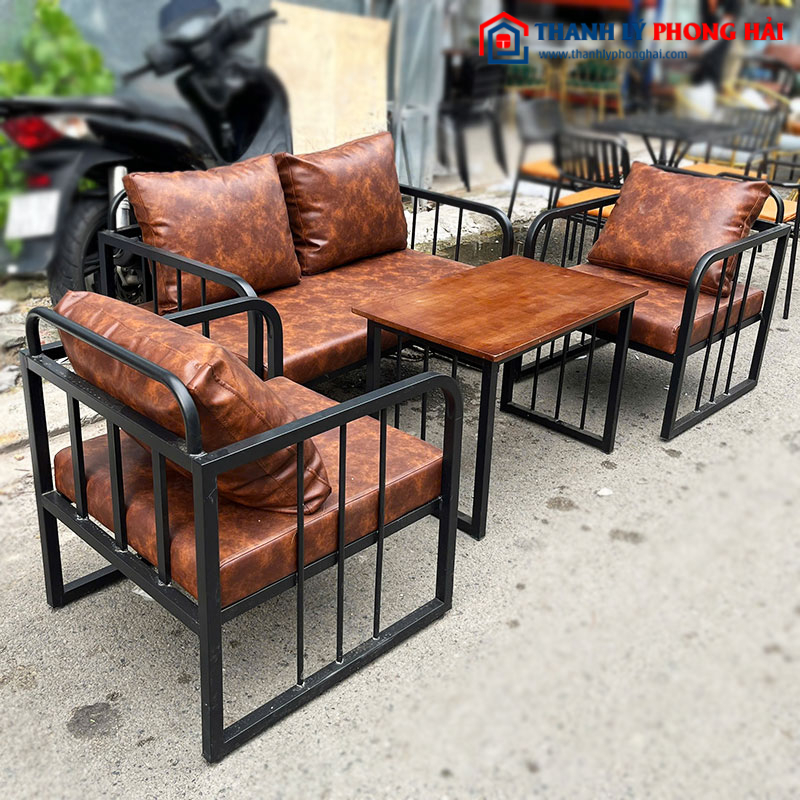 Bộ Sofa Cafe Đệm Da Khung Sắt Mới 99%