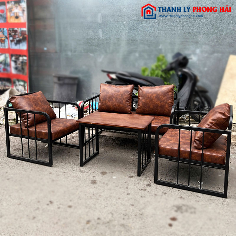 Bộ Sofa Cafe Đệm Da Khung Sắt Mới 99%